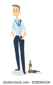 Isolated drunk man standing with bottles on white.