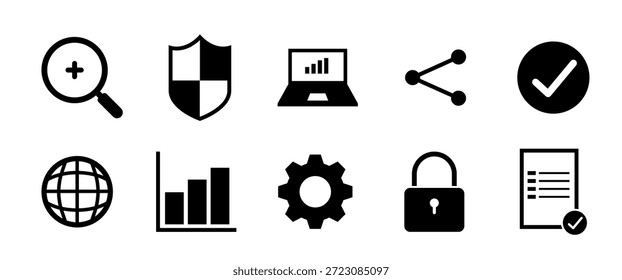 Isolierte E-Commerce-Symbol-Set mit Suche, Sicherheitsschild, Online-Analytik, Share-Verbindung, Genehmigungsprüfung, globaler Markt, Wachstumsdiagramm, Systemeinstellung, Datenschutz.