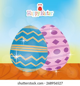 Isolated easter eggs with texture and text on a landscape. Vector illustration