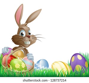 Isolated Easter Footer Design With A Bunny Rabbit And Decorated Easter Eggs In A Basket