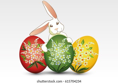 Isolated Easter Footer Design With A Bunny Rabbit And Decorated Easter Eggs 