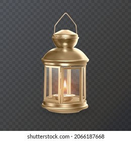 Isolated Eastern Lantern. Arab Fanous Or Vintage Fanoos, Antique Glowing Lamp With Candle Or Hanging Muslim Light For Arabic Holiday. Muslim And Eastern Holiday