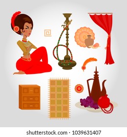 Isolated eastern Turkish objects: woman character, hookah, curtains, cabinet, dish with fruit and jug, feather, carpet, pomegranate, grapes