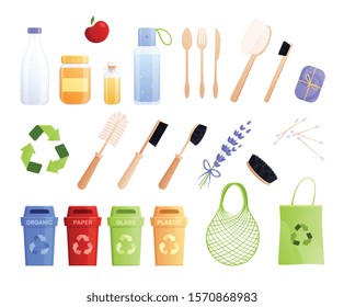 Isolated eco goods flat icon set with different recycle equipment for garbage bottle cutlery and goods for bath and body vector illustration
