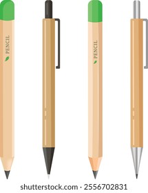 Isolated Eco-friendly wooden pencils and pens set. Recycle stationary set. Good for branding, packaging, educational materials