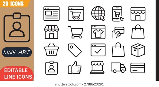 Isolated ecommerce webdesign icons set, 20 editable line art icons set, webdesign ecommerce website, online shopping ui, interface digital marketplace, modern theme style, clean outline vector