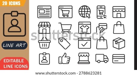 Isolated ecommerce webdesign icons set, 20 editable line art icons set, webdesign ecommerce website, online shopping ui, interface digital marketplace, modern theme style, clean outline vector