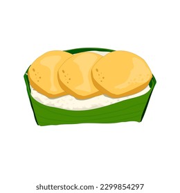 Isolated Egg custard and coconut sticky rice or Sweet sticky rice with Thai custard wrapped in banana leaves on white background. Thai traditional dessert illustration. Popular Thai street snack