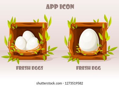 Isolated egg in wooden square of twigs. Set of fresh eggs in birds nest of twigs. Vector illustration. Web icons and mobile app design