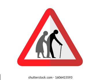 isolated elderly crossing road sign symbol on round triangle board for information, notification, alert post, road or street board, etc. paperwork style flat vector design.