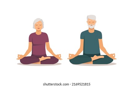 Isolated elderly woman and man sitting in lotus pose on white background. Grandparents doing yoga. Healthy and active lifestyle of elderly people. Stock vector illustration in flat style.