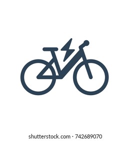 Isolated electric city bike symbol icon on white background. Trekking e-bike line silhouette with electricity flash lighting thunderbolt sign.