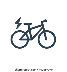 Isolated electric city bike symbol icon on white background. Trekking e-bike line silhouette with electricity flash lighting thunderbolt sign.