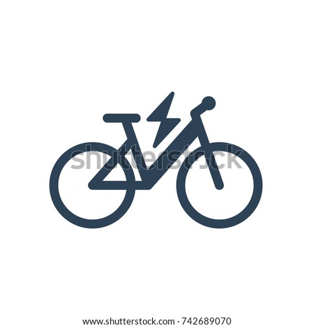 Isolated electric city bike symbol icon on white background. Trekking e-bike line silhouette with electricity flash lighting thunderbolt sign.

