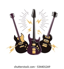Isolated electric guitars set on white background. Rock music. Lightenings effects.
