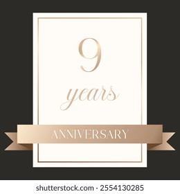 Isolated elegant white  years Anniversary card featuring a gold ribbon. Clean minimalistic design. Vector illustration