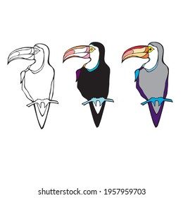 isolated element bird toucan outline black and white color vector
