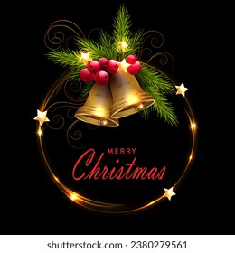 Isolated element, Christmas round wreath with golden bells on a black background.