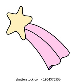 Isolated element comet, shooting star, asteroid. Doodle. A space flight. Cosmonautics Day. Pink, yellow colors. Hand-drawn. Vector illustration. It can be used to design textiles, clothing, notebooks.