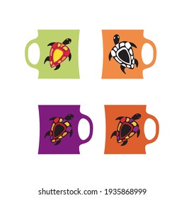 isolated element four mugs of different colors with turtle vector