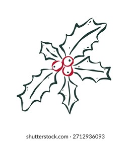 Isolated element of Holly Jolly with red berries in retro sketch ink style. Flat vector illustration. Universal template for card, poster, social media. Christmas concept.