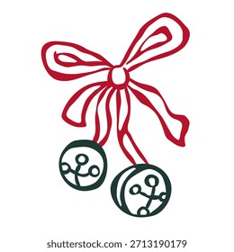 Isolated element of jingle bells with red bow in retro sketch ink style. Flat vector illustration. Trendy design for card, poster, social media. Christmas concept.