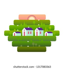 An isolated element, a landscape with small houses, against a background of grass, nature, hills and sunset. Vector illustration in flat style for design, games or web sites.