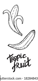Isolated element on a white background. Banana whole and opened for food. The inscription is made by hand. Tropical fruit. Bananas. Doodle. Suitable for vegan menus, posters and coloring pages.