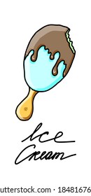 Isolated element on a white background. Ice cream with frosting and nibbled side. Vector. Doodle. Ice cream green with chocolate color. Hand lettering. Suitable for menus, recipes and posters.