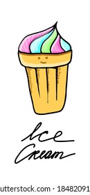 Isolated element on a white background. Rainbow ice cream in a waffle cup. Vector. Doodle. Different colors. Ice cream with a cute face. Suitable for menus, recipes and posters.