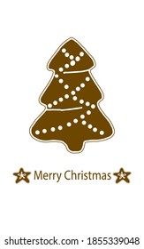 Isolated element on a white background. Gingerbread tree. Vector. Cartoon. Christmas tree gingerbread with decorations and inscription "Merry Christmas" Suitable for cards, invitations.