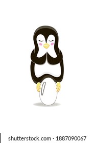 Isolated element on a white background. Penguin. Penguin day. Vector. Cartoon. A cute penguin hatches an egg. Meditation, namaste. Suitable for kids illustrations, postcards and posters.