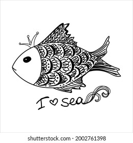 Isolated element on a white background. Black and white image of a cute princess fish. Hand lettering Suitable for postcards, posters.