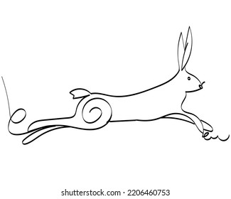 Isolated element on white background. Stylized hare. Vector. Single line drawing. Black and white image. Jumping, running rabbit. Suitable for posters, stickers and postcards.