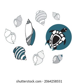 isolated element print logo sea turtle and sea shells hand sketch ink vector