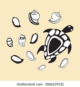 isolated element sandy background beach black and white sea turtle and sea shells logo symbol silhouette hand sketch ink vector 