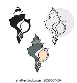 isolated element sea shell curly silhouette, symbol, logo, openwork, black white gray vector 