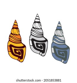 
caparazón de mar de elemento aislado con espiral tres vectores de logotipo marrón, negro y azul gris
