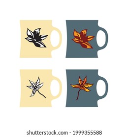 isolated element sketch four mugs with spices hot wine tea coffee vector