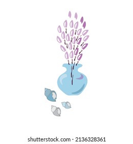 isolated element still life blue vase with flowers and three shells on white background vector