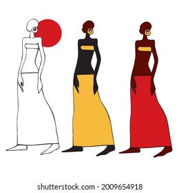 isolated element three african girls in top skirt and earrings sketch mascara vector 