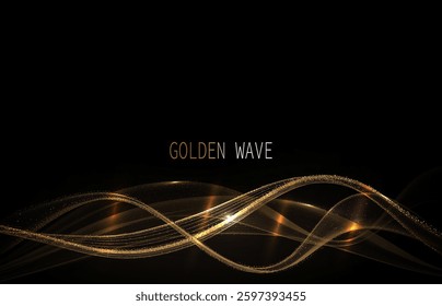 Isolated element, wavy illustration of golden color with tinsel on black background