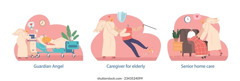 Isolated Elements with Angel Guardians Protect And Support Elderly People, Guiding Them And Offering Comfort