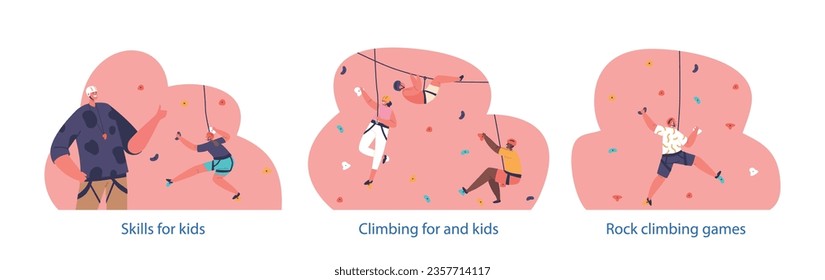 Isolated Elements With Boys And Girls Rock Climbing Rock Wall With Help Of Adult Trainer Below, Children Crawling Up