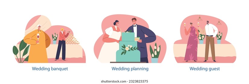 Isolated Elements with Bride And Groom Lovingly Cut Their Wedding Cake, Jouful Guests Having Fun on Banquet
