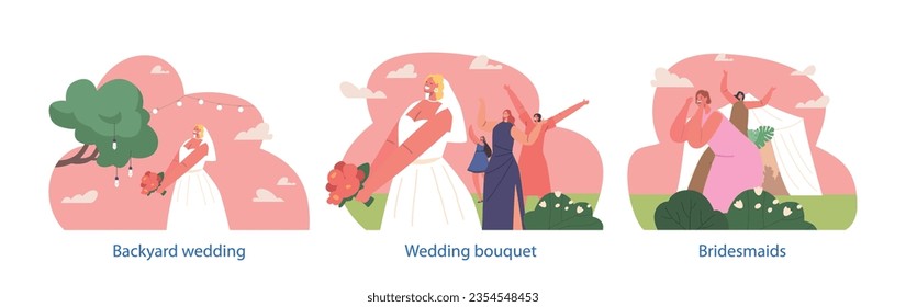 Isolated Elements With Bride Toss Wedding Bouquet To Unmarried Guests, Symbolizing Passing On Happiness And Good Fortune