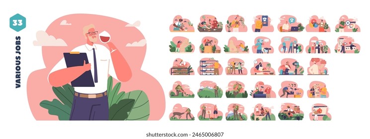 Isolated Elements With Cartoon Character Professionals In Diverse Job Roles From Culinary Arts To Gardening, Vector Set