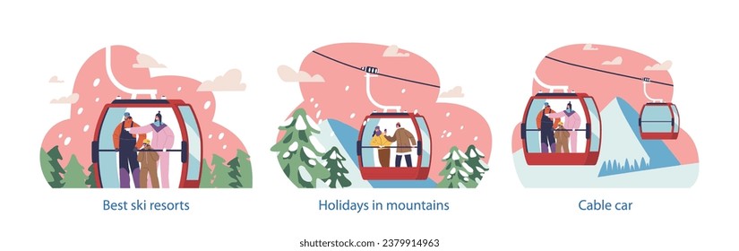 Isolated Elements with Characters In A Cable Car Enjoy Breathtaking Views, Captivated By The Scenic Beauty of Ski Resort