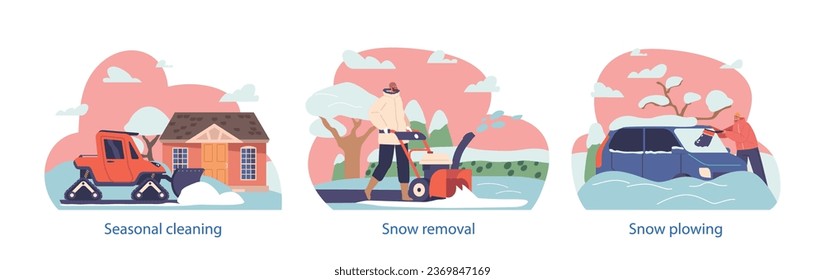 Isolated Elements With Characters Clearing The Cottage Grounds, And Car Of Freshly Fallen Snow, United In Winter Task
