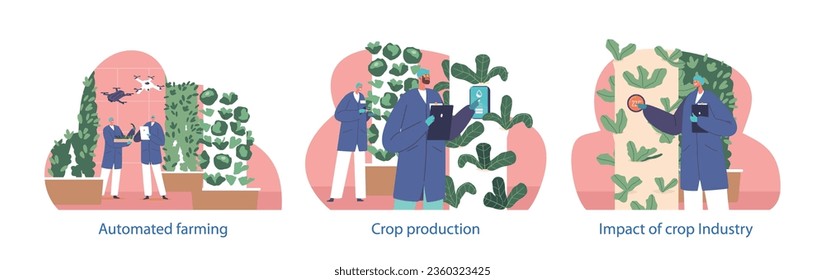 Isolated Elements with Characters Engage in Automation Of Crop Production and Smart Farming, Vector Illustration